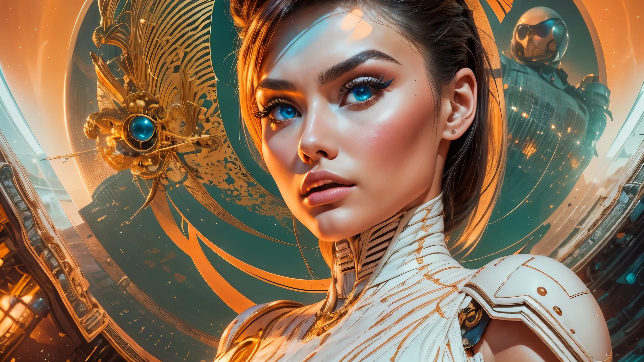 arafed image of a white woman in a futuristic suit with a spaceship in the background, movie art, in front of an orange background, inspired by Robert McGinnis, female protagonist, megastructure in the background, portrait of an ai astronaut, astronauts, an astronaut, portrait of a astronaut skeletor, perfect android girl, detailed eyes, perfectly detailed teeth, frank franzzeta and sakimichan