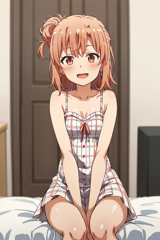 ((highest quality)), ((masterpiece)), (be familiar with), Perfect Face, indoor, Bedroom, Watching the audience,
One woman, Yuigahama Yui,
Open Mouth, Ecstatic expression, blush, smile,
Small breasts, Flat Chest, Young Girl, , , Girl,
Short Hair, Salmon-colored hair, Salmon-colored eyes, Side Pony,
Leg spread,