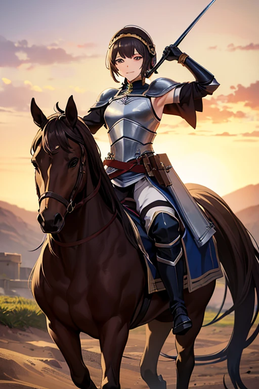 Anime drawings、Full body portrait、Fantasy world characters、A female cavalryman, about 175cm tall and about 35 years old, wearing armor and long trousers, riding a large horse and holding a spear.、Very short hairstyle、Brown Hair、Smiling with mouth closed、Large gloves、Big boots、Wearing a helmet on his head、Flat chest