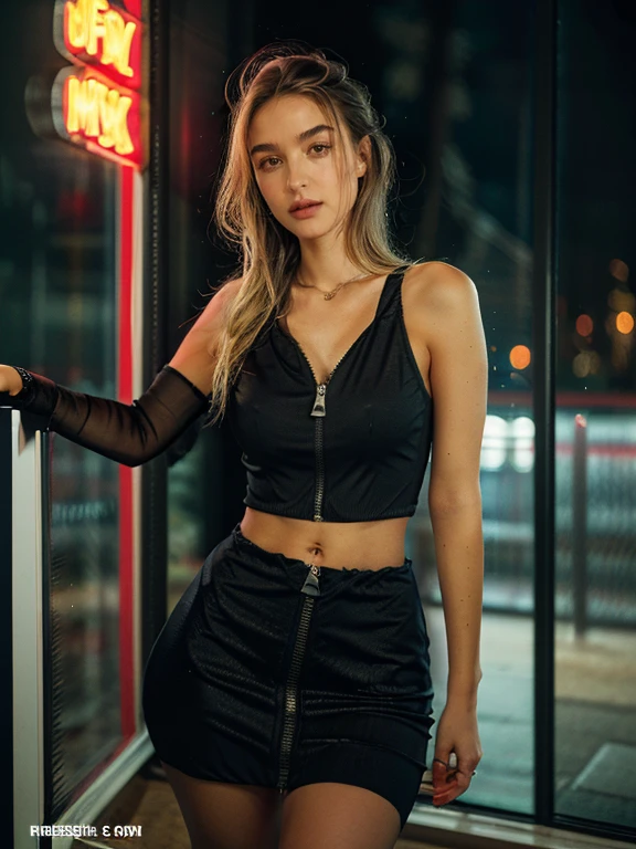 (Ultra-detailed eyes), (((transparent textile shading))), (((Best Quality))), (((masterpiece))) sassy girl, (((realistic:1.3 ))), a Thailand korean mixed girl with bright layered blonde bun hair, short Cyberpunk hairstyles choices, ((braid , gorgeous hair)), brown big eyes, (((retro futuristic unzipped sexy sensual seductive transparent bright grayish ripped clothes ))), ((sensual seductive pose)), (gorgeous, sassy, it girl), full waist up pose , upper knees pose , in empty spooky night carnival ride in the city at night, strong night carnival scary atmosphere, strong night carnival spooky atmosphere, eye on camera, racer first in line costume, carnival scary color, grayish Cyberpunk fashion choices