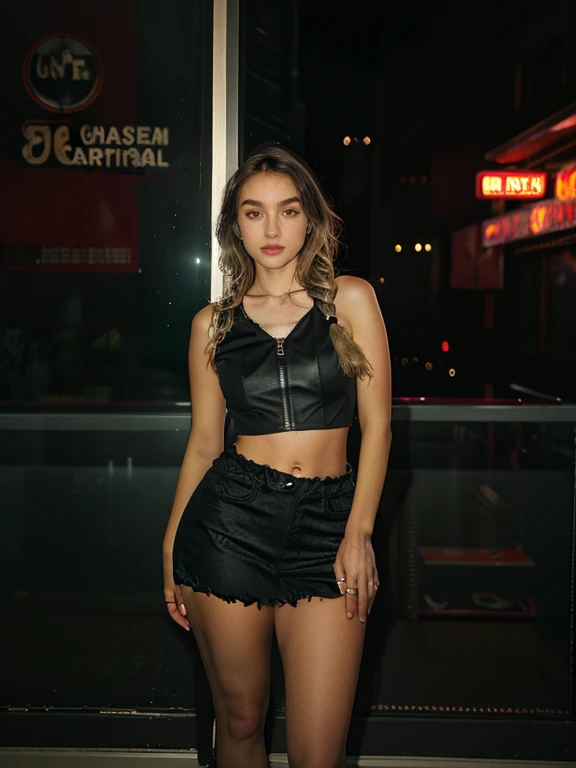 (Ultra-detailed eyes), (((transparent textile shading))), (((Best Quality))), (((masterpiece))) sassy girl, (((realistic:1.3 ))), a Thailand korean mixed girl with bright layered blonde bun hair, short Cyberpunk hairstyles choices, ((braid , gorgeous hair)), brown big eyes, (((retro futuristic unzipped sexy sensual seductive transparent bright grayish ripped clothes ))), ((sensual seductive pose)), (gorgeous, sassy, it girl), full waist up pose , upper knees pose , in empty spooky night carnival ride in the city at night, strong night carnival scary atmosphere, strong night carnival spooky atmosphere,  eye on camera, racer first in line costume,  carnival scary color, grayish Cyberpunk fashion choices