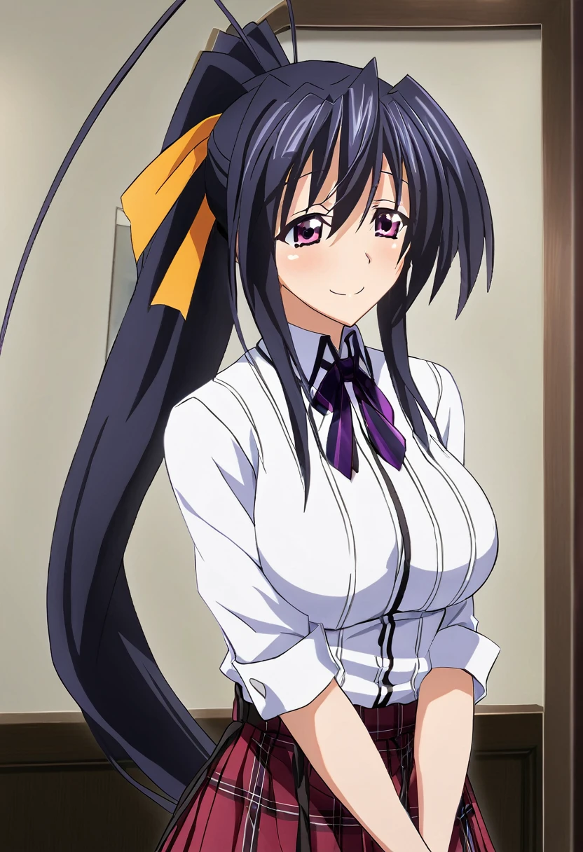 System Deep_Akeno, One girl, 一人in, length_hair, Looking_in_iniewer, smile, big_chest, shirt, black_hair, ribbon, hair_between_eye, inery_length_hair, School_uniform, purple_eye, hair_ribbon, white_shirt, ponytail, short_sleeines, indoor, head_ribbon, expensive_ponytail, in_arms, orange_ribbon,  ，(((Skirt flip, I can see your panties)))，Embarrassing，blush，1人in，(( 指in膣を触ってオナニーする)),