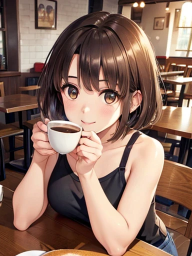 (Realistic、High resolution:1.3)、One girl with a perfect figure、smile、Shiny brown hair、Beautiful brown eyes、Ultra-detailed eyes、Sparkling eyes、Very narrow face and eyes、short hair、Black tank top、Short denim skirt、((At the cafe、Coffee on the table、))