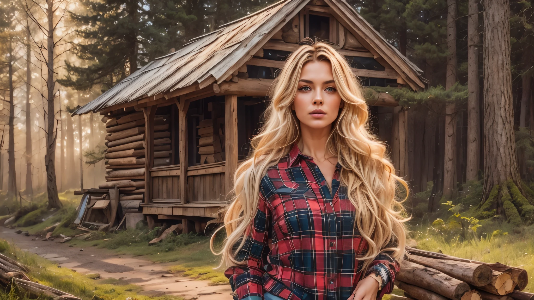 cabin in the woods, front porch, wood pile, rusty truck on cinderblocks, woodburning stove, dense trees, dark woods, large oak trees, moss, (Beautiful woman, plaid long-sleeved flannel shirt, long wavy blonde hair, detailed hands, detailed eyes), 