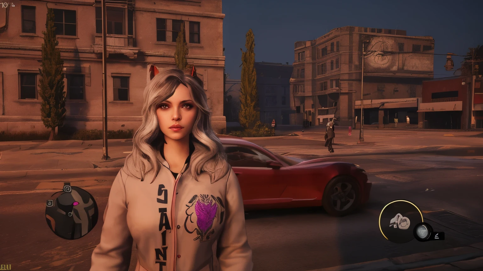There's a woman in the middle of a street, Fila dos Santos, Fila dos Santos fursuit tails mod, captura de tela do jogo de moda, Gothic city streets behind her, Kate Bispo, 2020 captura de tela do videogame, em um capuz, chromatic aberration remastered, em uma rua da cidade, Novo personagem, Feiticeira escarlate, fileira dos reis ao fundo, captura de tela do videogame>