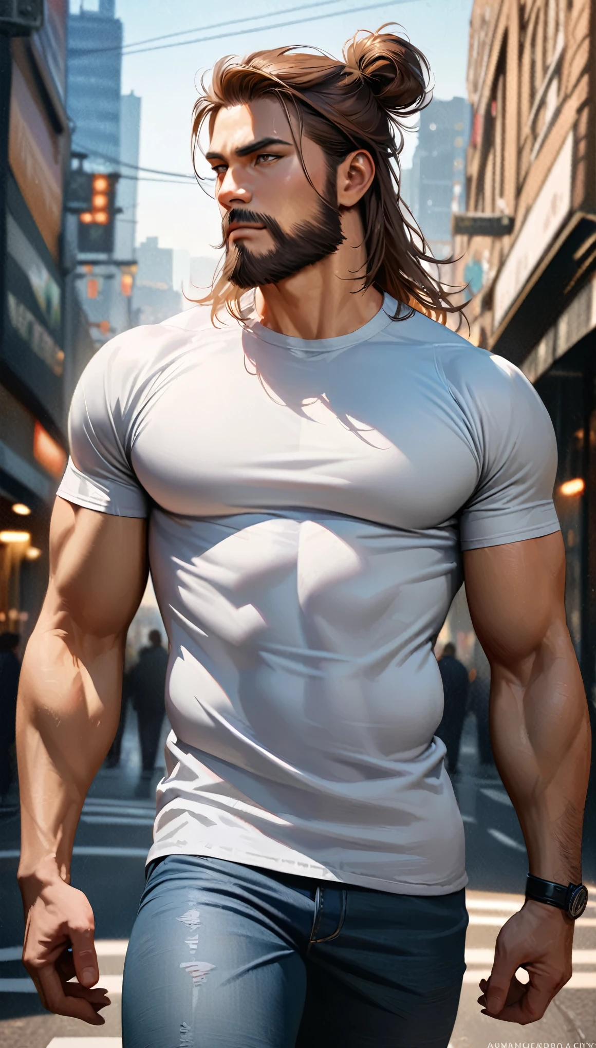 Masterpiece, highest quality, ultra detailed, realistic, handsome man, brown hair, medium length hair, manbun, full beard, muscular, tight shirt, white shirt, short sleeves, jeans, city background