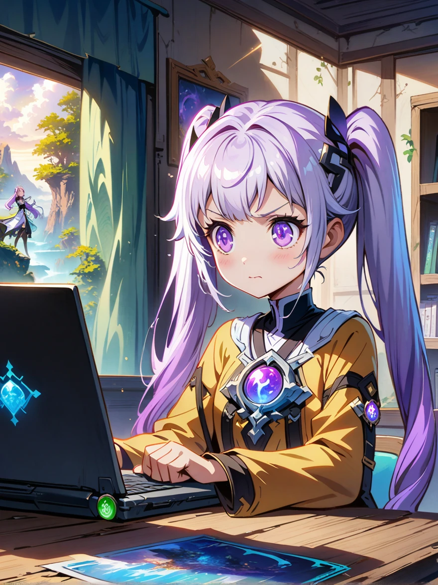 1yj1, 1girl, Symmetrical hair accessories, Purple and white gradient double ponytail long hair, Purple Eyes，(Double ponytails:1.3)，(1boy:1.6), dream, office, laptop, play games, nervous, (Vision:1.5), Anatomically correct, Bright colors, Ultra high saturation, yinji, 流行的Different world动漫，Official Anime Artwork，Official Fan Art，Official Art，Fantasy style anime，Shadow Poetry Style，detailed key anime art，Fantasy Anime Series，Different world，artwork，future，Doujin Art Artstation, (anatomically correct:1.5)