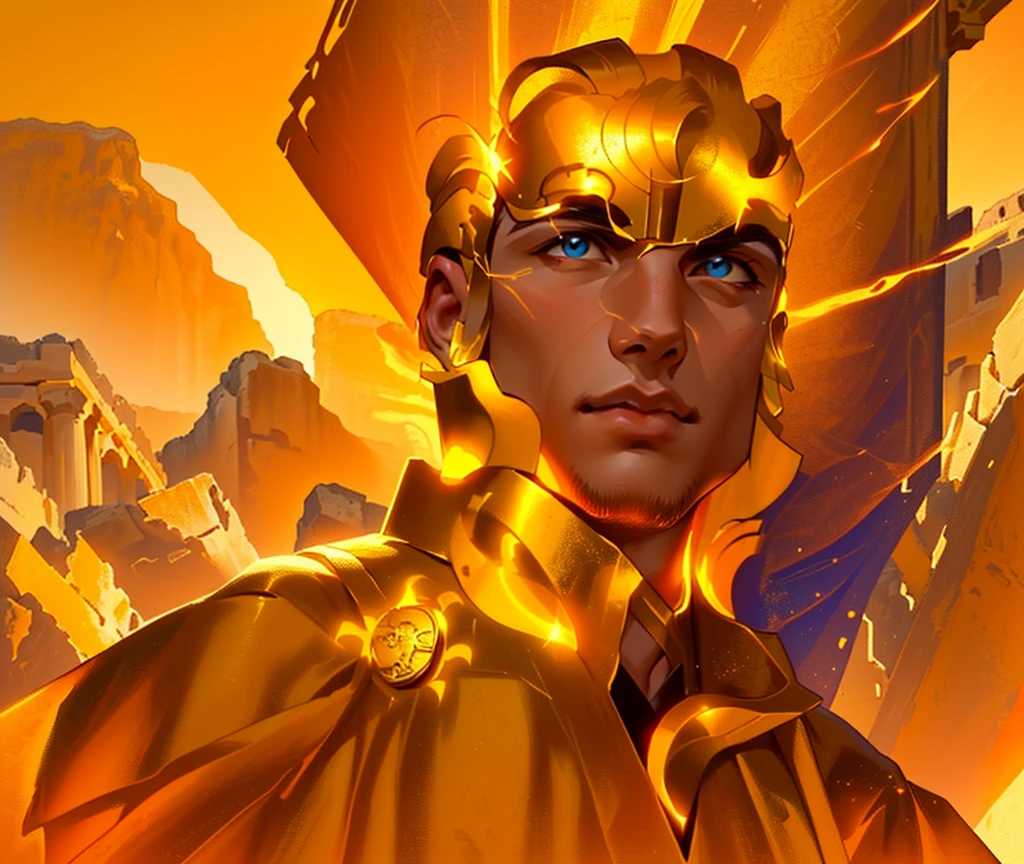 master piece, 8k detail, close up of a painting of a man, the man is the greek god of the Day (sunlight). his hair is on fire and he radiates light, he wears a gold tunic with gold Sun God medal on his right shoulder. He is like Day. The background has the Parthenon plus mountains in the background.