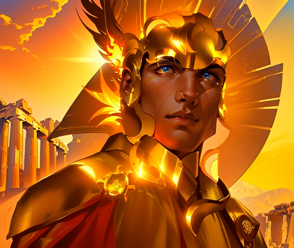 master piece, 8k detail, close up of a painting of a man, the man is the greek god of the Day (sunlight). his hair is on fire and he radiates light, he wears a gold tunic with gold Sun God medal on his right shoulder. He is like Day. The background has the Parthenon plus mountains in the background.