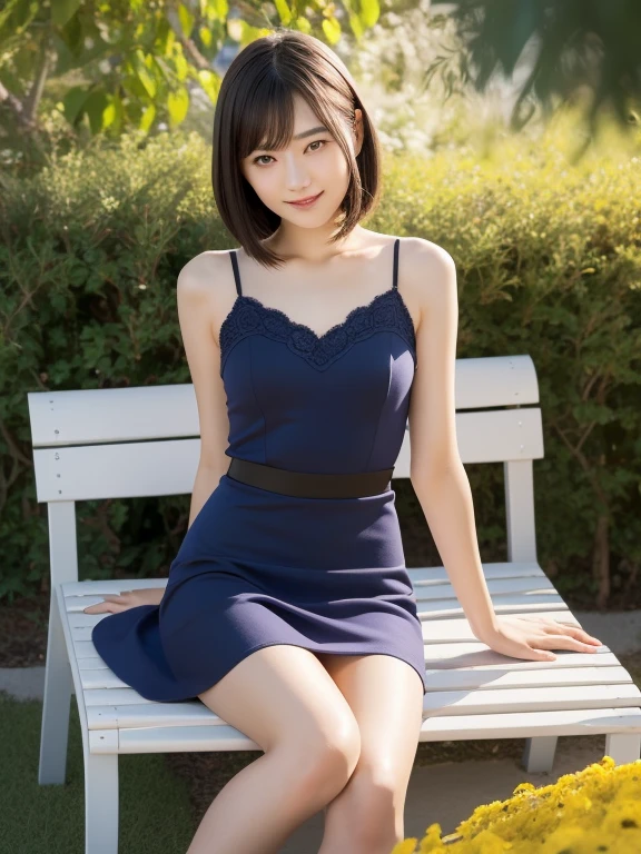 (highest quality:1.5), (Real:1.5), (1 person:1.5), (Very detailed), (High resolution), 8k, Small breasts, Natural color lip, Cute smile, Japanese women, 20 year old girl, (Perfect and beautiful face), (Big eyes), (Beautiful and Cute face), (Beautiful balanced eyes), Beautiful double eyelids, Perfect and beautiful face, Thin arched eyebrows, Slim face, (slim body), beautiful thin nose, beautiful skin, (medium bob hair), natural bangs, fair skin, (with a cute expression), (bright lighting), lighting from the front, (lighting the face), dark blue eyes, slim waistline, (miniskirt), slender and beautiful legs, garden, (with lace) (wearing a one-piece dress with a micro miniskirt), beautiful and slim thighs, (sit on a bench), yellow marguerite, Margaret's flower bed,