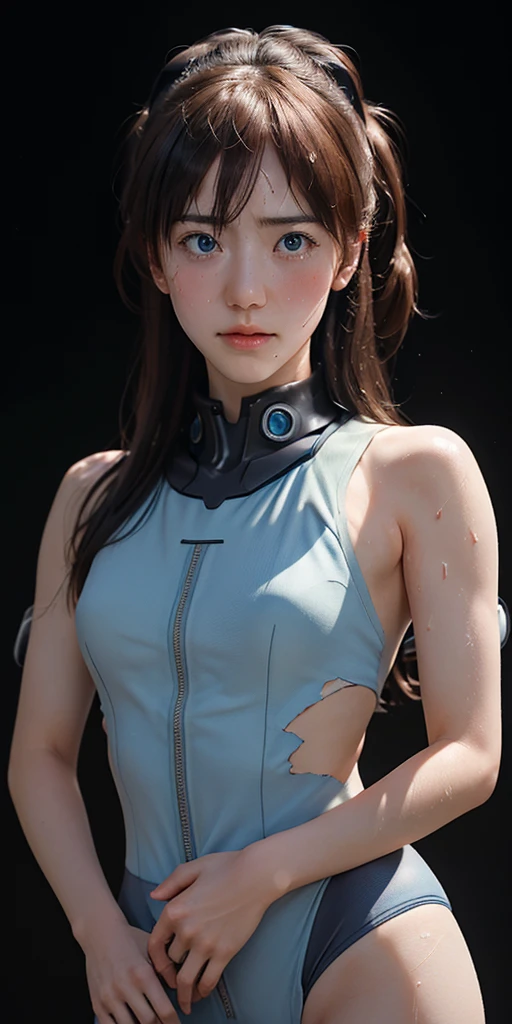 (((Realistic)))picture, masterpiece, highest quality, One Girl, Plump body, highest quality, Pale-skinned, Ryu Asuka Langle, Plug Suit 02, Black background, (Face and eye details:1.1), Earth Eye、Individuality, blush, ((Shy)), Very delicate and beautiful girl, Dynamic Pose,Torn battle uniform、Scraps of clothing、sweating、過度のsweating、Sweaty body、