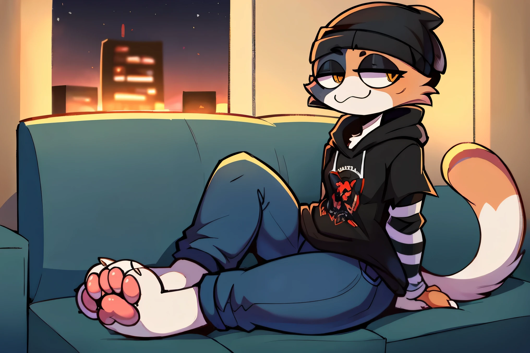 (best quality, masterpiece:1), solo, (shaded face:1.2), furry female anthro meowskulls, (noseless:1.1), sitting on couch, living room, tv, videogames, tail, medium breasts, bored, looking away, closed mouth, (mocking smile), (shivering:1.2), half-closed eyes, beanie, black hoodie, striped sleeves, black jeans, meowskulls paws, visible feet, (living room background, night), Very good figure, cinematic lighting, volume lighting, masterpiece, best qualit0y