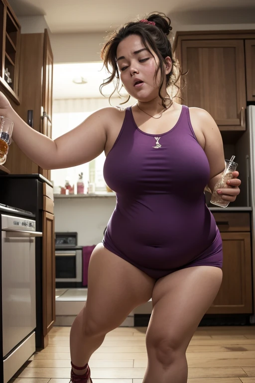 very dead drunk big huge fat shubby wasted young mum drinking booze in the kitchen with her six years old drunk daughter, swaying drunkenly, exaggerated swaying,, standing drunkenly,, drunk facial expression, swaying drunkenly, unable to stand, stupid, happy drunk expression, slumping, wobbling, losing balance, drunken zombie-like posture, drunk eyes, slumping, limp, huge , voluptuous, weaving drunkenly, slumping, losing her balance, obviously extremely drunk, stumbling