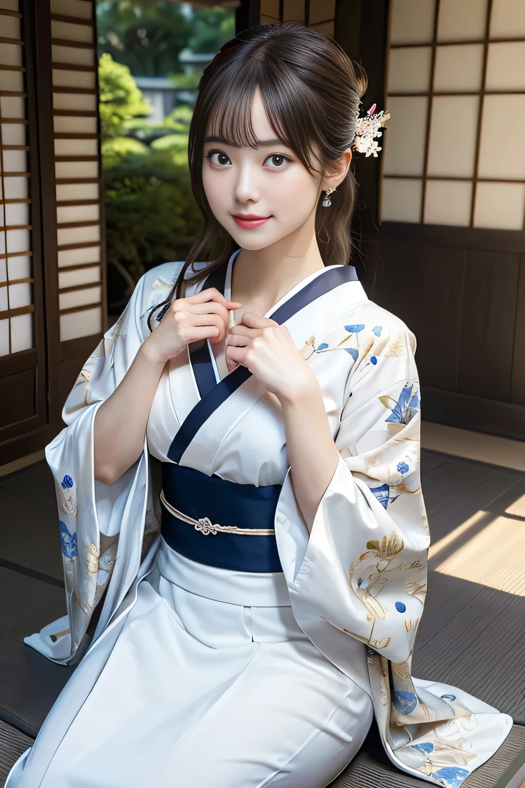 tits out、(Photorealsitic:1.4), (Top image quality:1.0), (超A high resolution:1.0), 8K, Raw photography, (masterpiece:0.2), (pureerosface_v1:0.5)、(Best Quality Detail:1.2)、realisitic、8K UHD、hight resolution、(1girl in:1.2)、The ultra-detailliert、High quality textures、intricate detaileicromini、thighs thighs thighs thighs、large full breasts、Wide open chest、detaileds、Very detailed CG、High quality shadows、Detail Beautiful delicate face、Detail Beautiful delicate eyes、depth of fields、Ray traching,1girl in, japanaese girl, Cute, slender, appearance々Kimono with design, Kimono with Japanese pattern,Floral scrunchie, Beautiful skin, Facing the front,Sit down, Sit upright and say thank you,Align your hands elegantly,Smile faintly The Land of Japan,Japanese garden,Luxury Japanese-style room, skyporn, Magic Hour, (Realistic:1.3), Finely detailed, quality, (masutepiece:1.2), (Photorealistic:1.2), (Best Quality), (Intricate details), Dramatic, Ray tracing, photograph, +Lola, (good fingers:1.2),