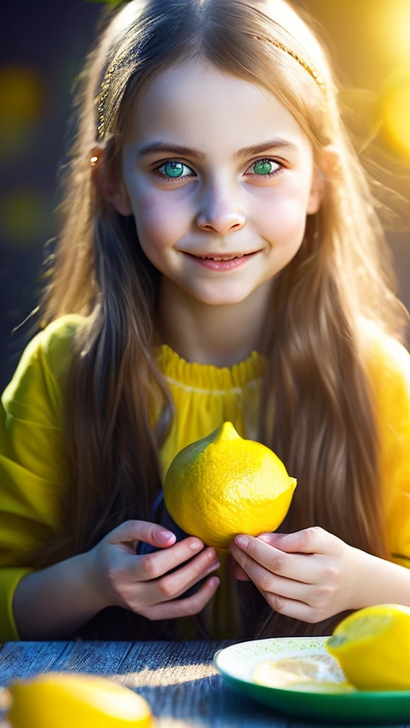 a young girl eating a lemon, sour expression on her face, detailed facial features, piercing eyes, delicate lips, soft skin, beautiful long hair, intricate clothing, dynamic pose, vibrant colors, natural lighting, highly detailed, cinematic composition, photorealistic, studio lighting, masterpiece, 8k