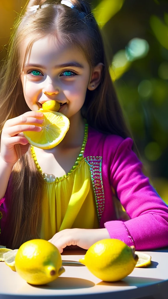 a young girl eating a lemon, sour expression on her face, detailed facial features, piercing eyes, delicate lips, soft skin, beautiful long hair, intricate clothing, dynamic pose, vibrant colors, natural lighting, highly detailed, cinematic composition, photorealistic, studio lighting, masterpiece, 8k