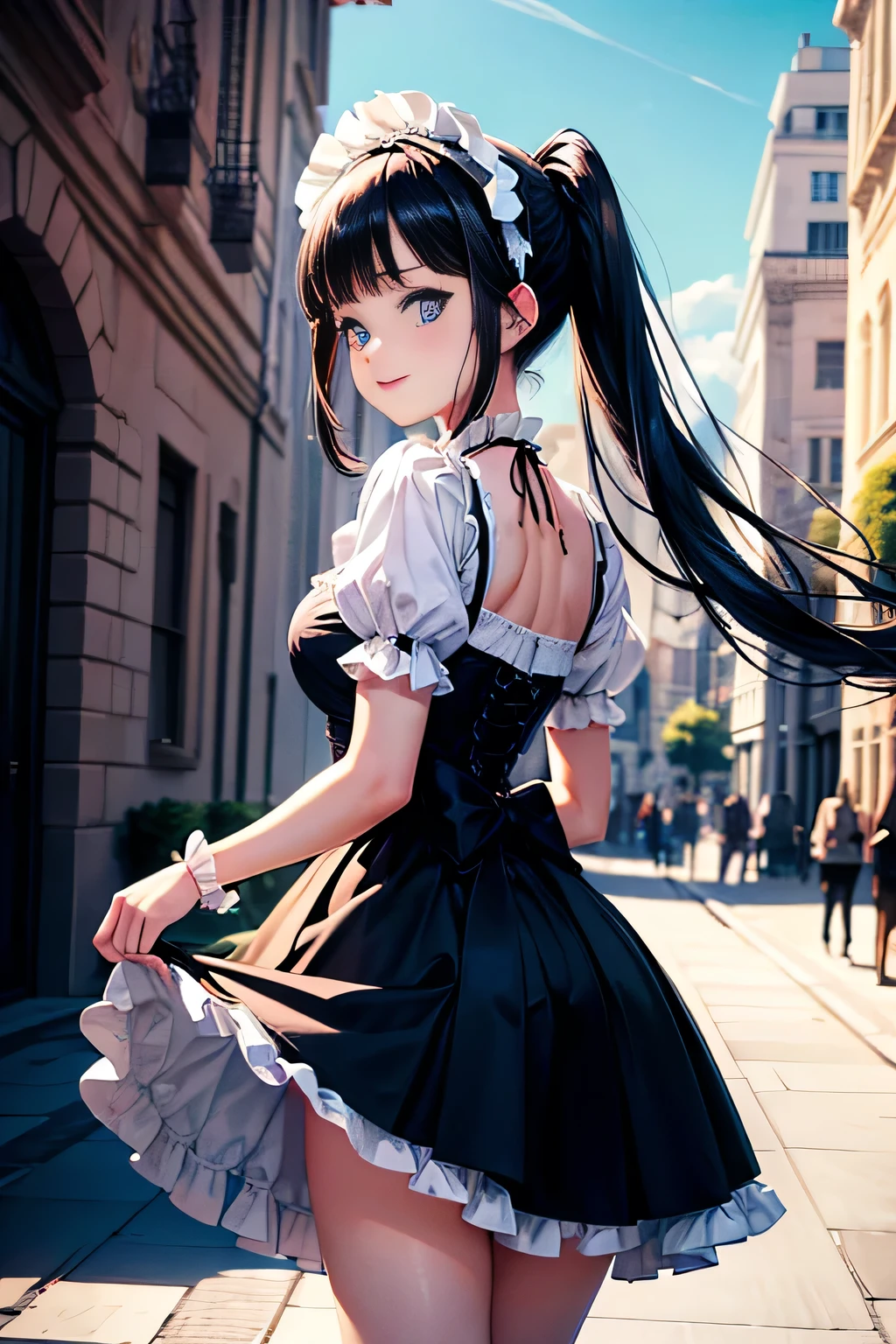  (Vulgar,nsfw),(skirt lift,very windy),(beautiful elegant white panties),very low angle,from below),
(beautiful elegant white panties), (looking back at the viewer),♥(sexy mini dress lolita gothic costume),((1girl,cute,young,semi long beautiful black hair,blunt bangs,pony tale,beautiful blue eyes)),(solo),((masterpiece, highest resolution,best quality)), (beautiful illustration),(lolita gothic costume),(looking back at the viewer), innocent smile,cinematic lighting,beautiful modern cafe,big city,flowers,buildings,blue sky