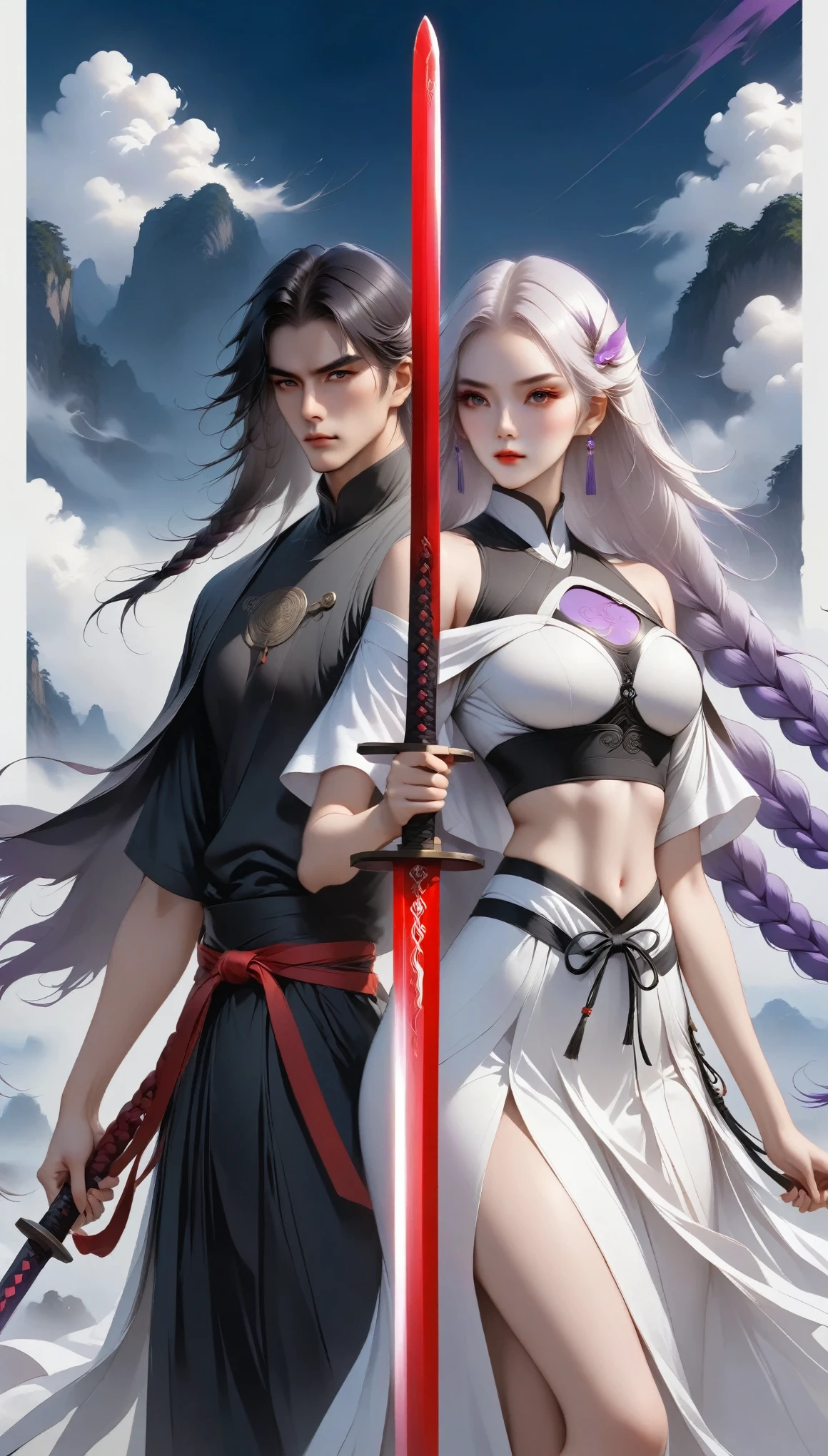 Girl with sword，Simple lines minimalism，Abstract Art，(((Holding a red long sword，White long hair，Symmetrical hair accessories，Purple double long braids，High Neck Off Shoulder Cropped Short Sleeve Top，Round glow on chest，Skirt slit，Holding a long sword))).Mysterious man in cloak：1.37，Xian Xia，Martial Arts，Jianghu，landscape，strength，action