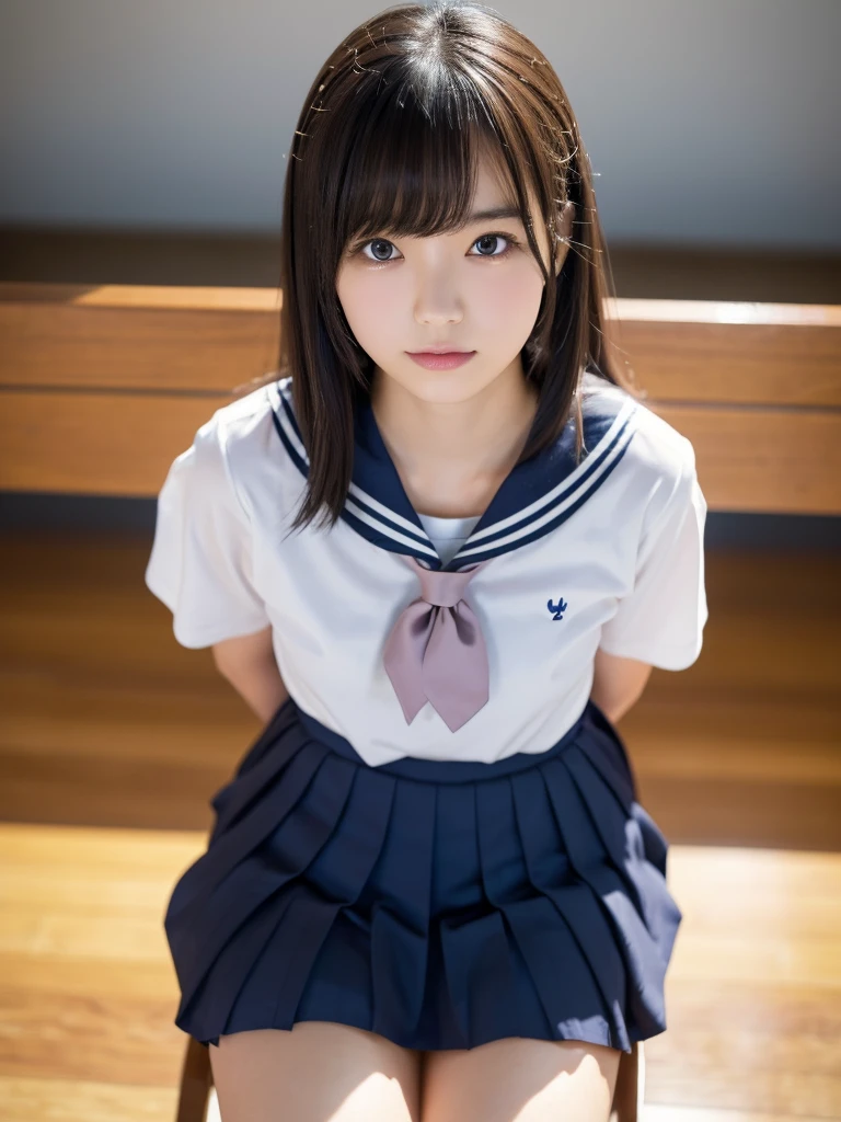 Perfect Anatomy ,Neat and clean high school girl, (school uniform, Sailor suit, Tie a ribbon around your chest, Winter clothes, The upper body is navy blue, The skirt is dark blue),In the morning, there will be a high school graduation ceremony in the large gymnasium.,長袖で昔ながらの紺色のSailor suitに膝丈のプリーツスカートを着て体育館シューズを履いて,((He is sitting on a metal chair in the gymnasium with a serious expression on his face..)),Short Bob,(((Knee-up shot from the front))),Best image quality,Professional angle of view,Excellent details,超A high resolution,Realistic:1.4),High Detail,Focus on the details,High concentration of 1girls,beautiful chestnut hair,Beautiful face with a delicate and high nose,Long limbs like a model,Beautiful pink knees,