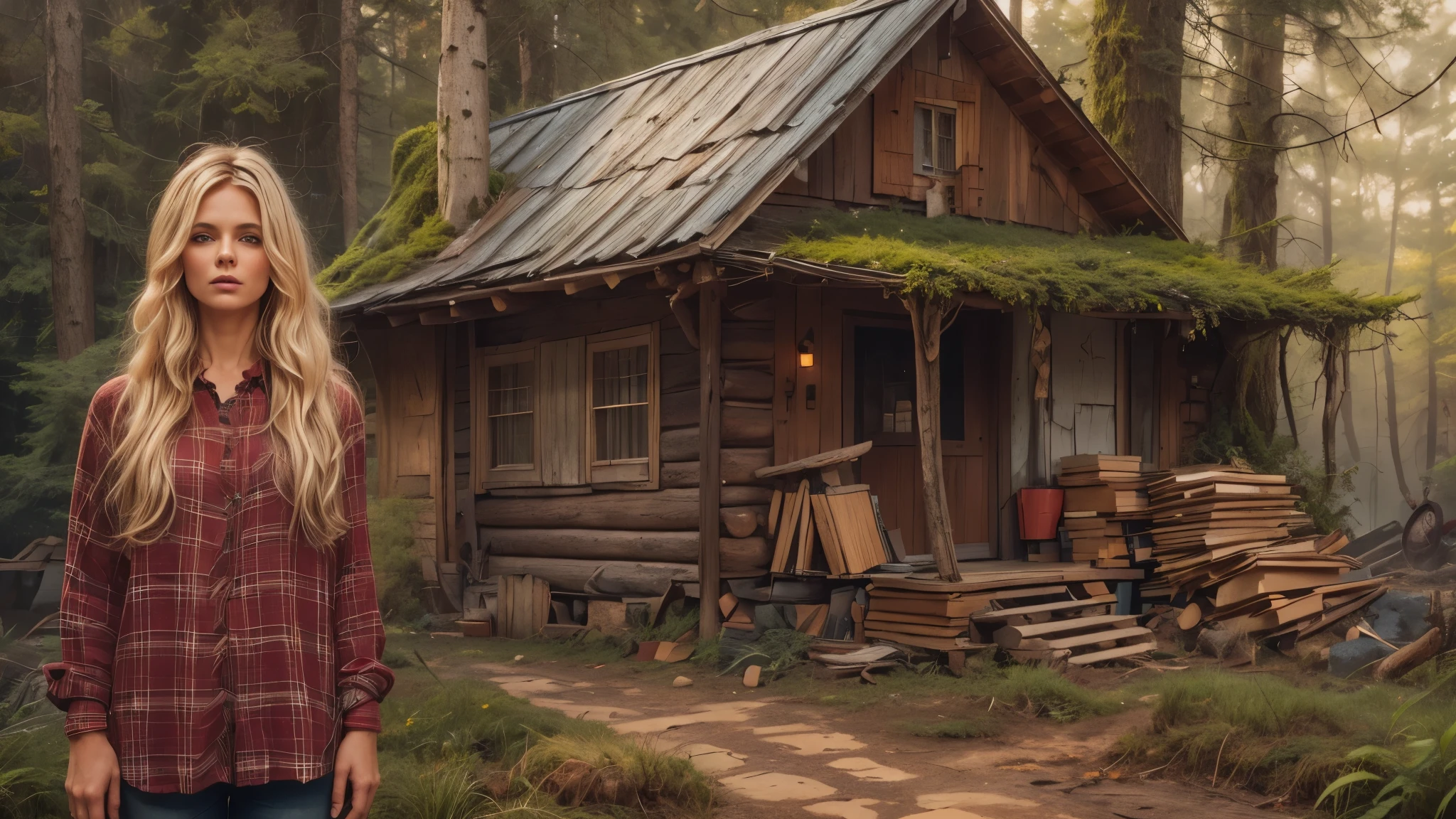 cabin in the woods, front porch, wood pile, rusty truck on cinderblocks, woodburning stove, dense trees, dark woods, large oak trees, moss, (Beautiful woman, plaid long-sleeved flannel shirt, long wavy blonde hair, detailed hands, detailed eyes),