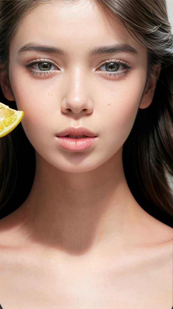 a girl eating a lemon, sour facial expression, detailed realistic portrait, beautiful detailed eyes, beautiful detailed lips, extremely detailed face and skin, long eyelashes, natural lighting, warm color tones, photorealistic, 8k, high resolution, best quality, masterpiece
