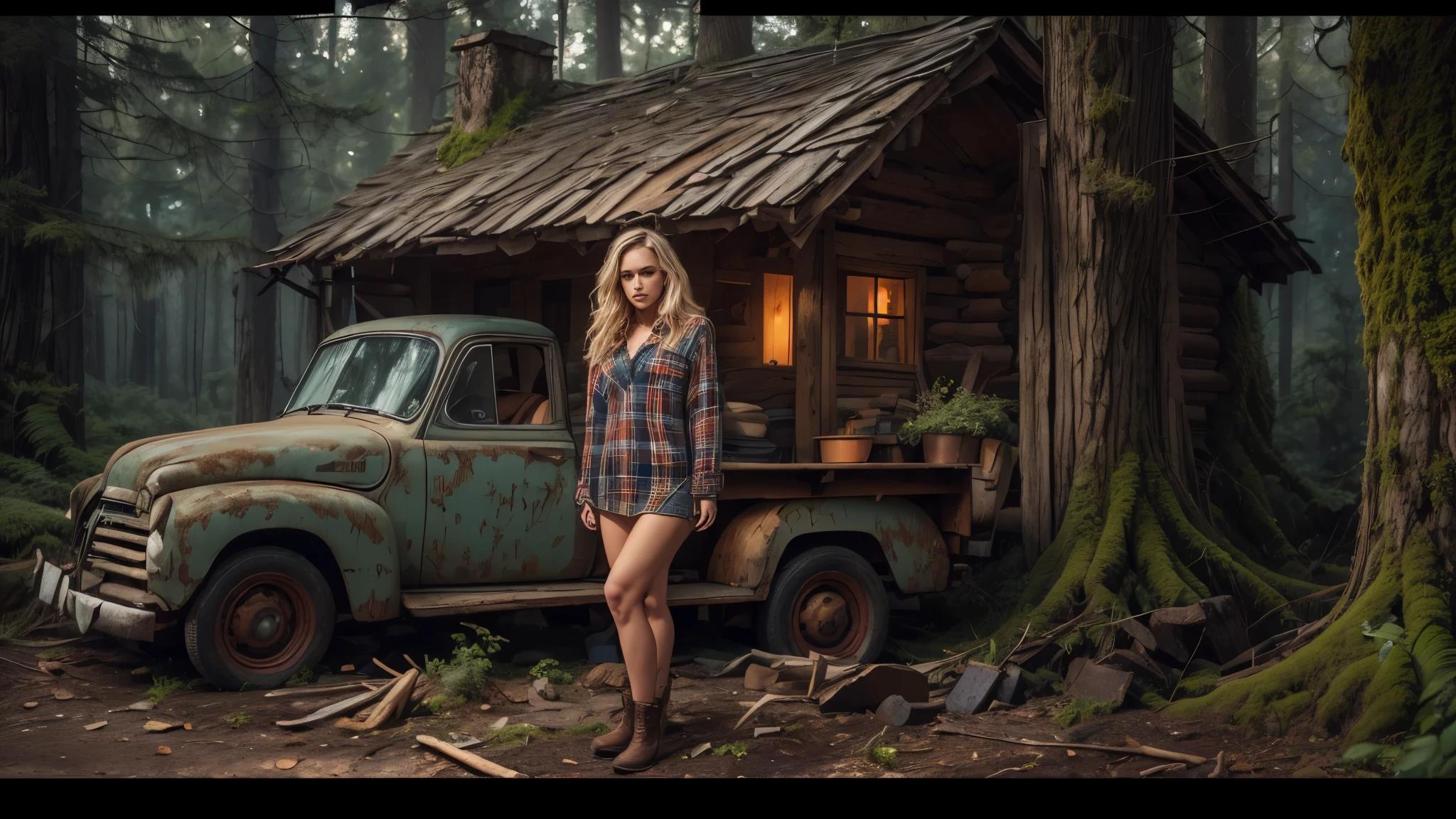 cabin in the woods, front porch, wood pile, rusty truck on cinderblocks, woodburning stove, dense trees, dark woods, large oak trees, moss, (Beautiful woman, plaid long-sleeved flannel shirt, long wavy blonde hair, detailed hands, detailed eyes),