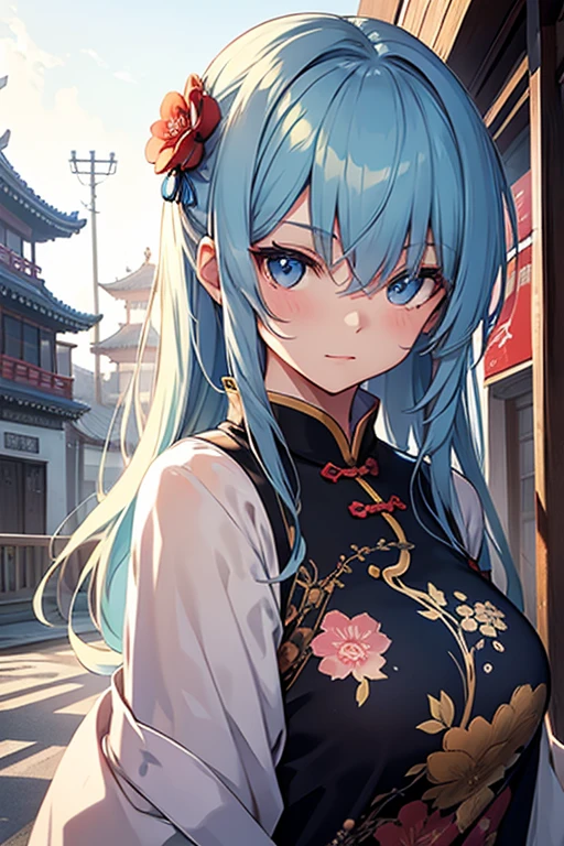 Mysterious girl, cute, wearing Chinese clothing, illustration style。Eye color is a beautiful light blue