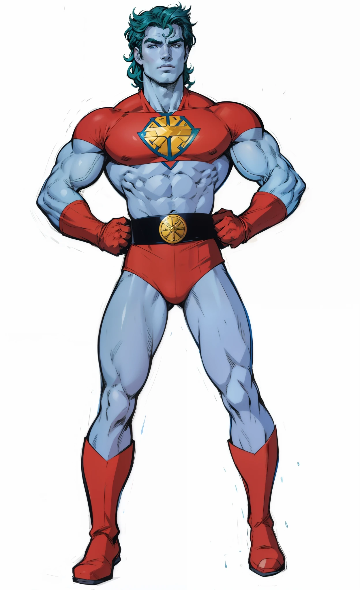 Captain Planet, Henry Cavill, extremamente realista, oele azul, cabelo verde, forte, musculoso, uniforme com detalhes vermelho, bota vermelha,