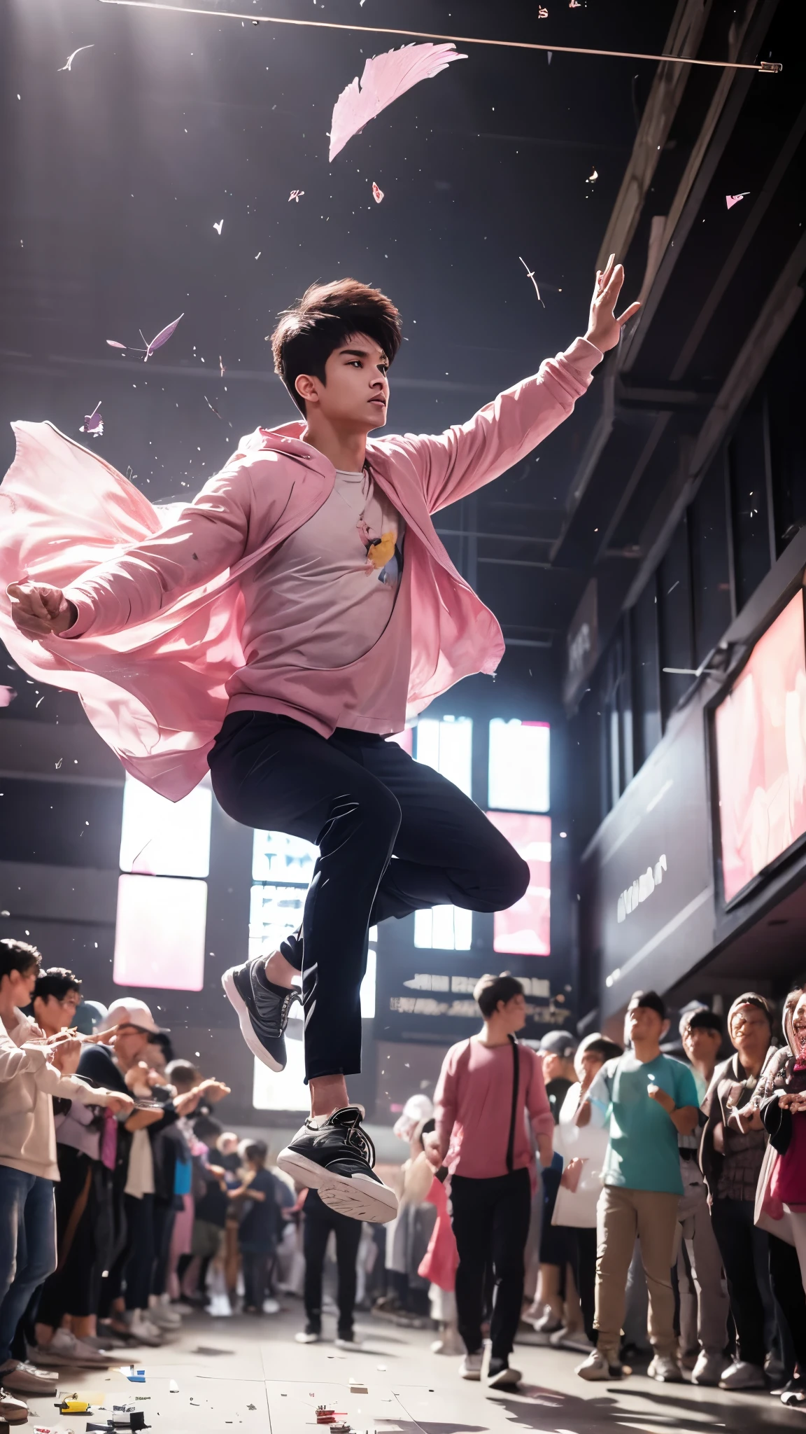 (male: 1.4) Jump fly, Breaking Glass, crowd, Glare, pink々Became, Libra, Frame Center, Delicate painting, The finer details, High resolution, 8k, Award-winning photography