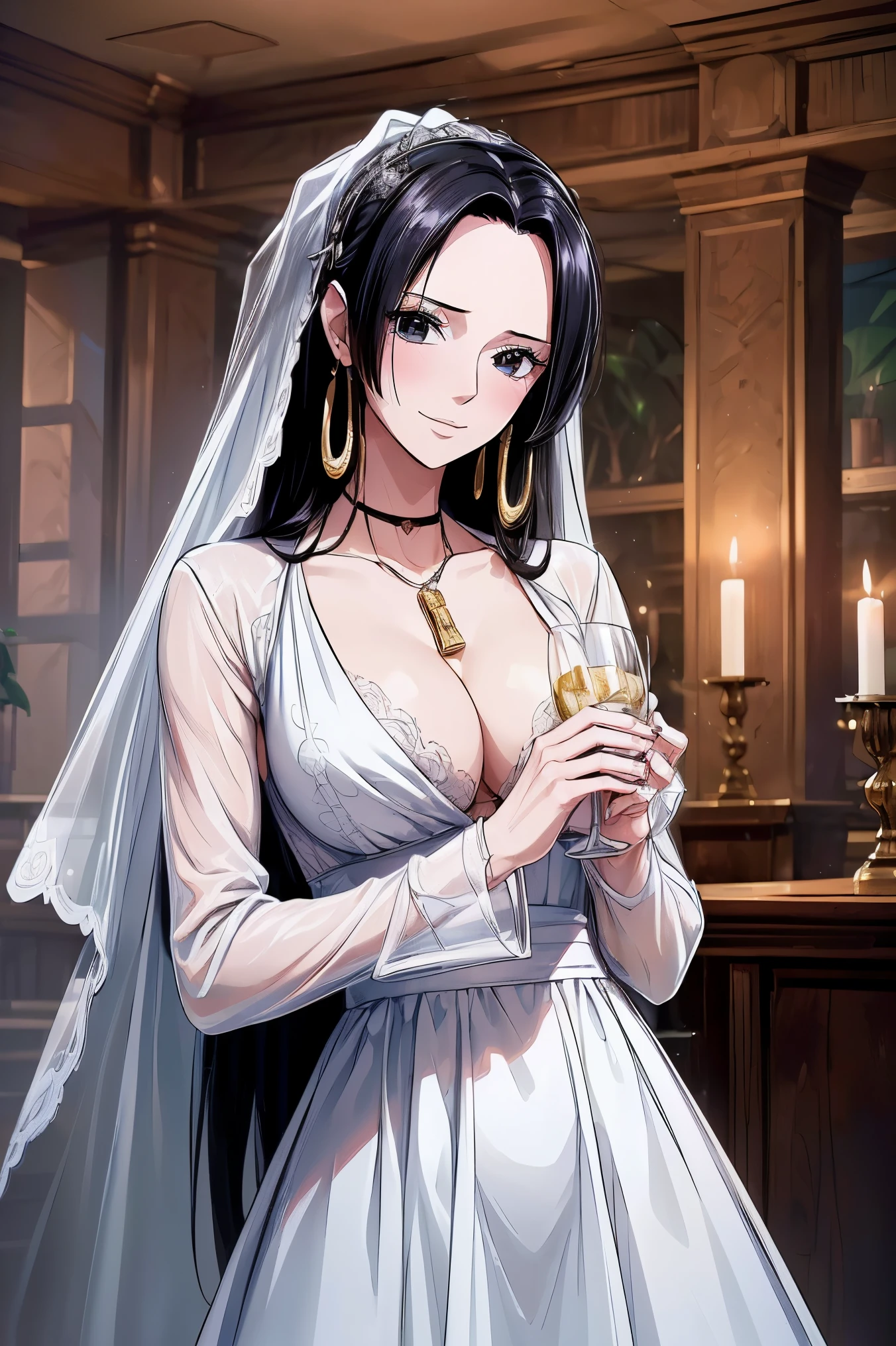 highest quality, masterpiece, Very detailed,One Girl, cage, bandage, Red rope, (Detail Light), Boa Hancock,, (masterpiece:1.5), Detailed Photos, smile,(8k, Realistic, highest quality: 1.4), (One Girl), Beautiful Face, (Anime realistic face), (Black Hair, Long Hair: 1.3), Beautiful Hairstyles, Realistic eyes, Beautiful details in the eyes, (Realistic Skin), Beautiful Skin, (((She is wearing a delicate and detailed pure white wedding dress.))), (((Cowboy Shot))), Absurd, charm, 超High resolution, Ultra-realistic, High resolution, Golden Ratio, Salome, White snake with a skull on its head, Big Snake, The background is a wedding venue in the forest