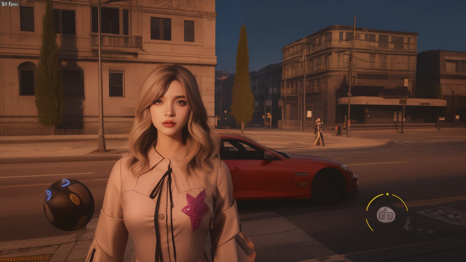 There's a woman in the middle of a street, Fila dos Santos, Fila dos Santos fursuit tails mod, captura de tela do jogo de moda, Gothic city streets behind her, Kate Bispo, 2020 captura de tela do videogame, em um capuz, chromatic aberration remastered, em uma rua da cidade, Novo personagem, Feiticeira escarlate, fileira dos reis ao fundo, captura de tela do videogame>