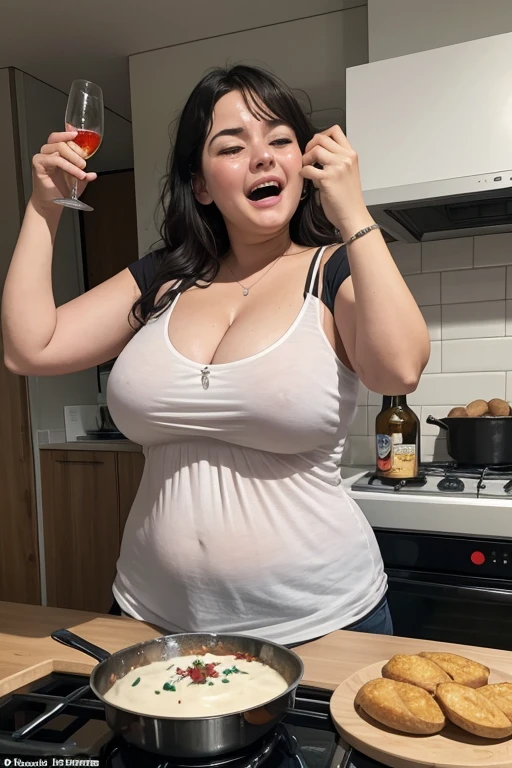 very dead drunk big huge fat shubby wasted young mum cooking with her drunk daughter, swaying drunkenly, exaggerated swaying,, standing drunkenly,, drunk facial expression, swaying drunkenly, unable to stand
