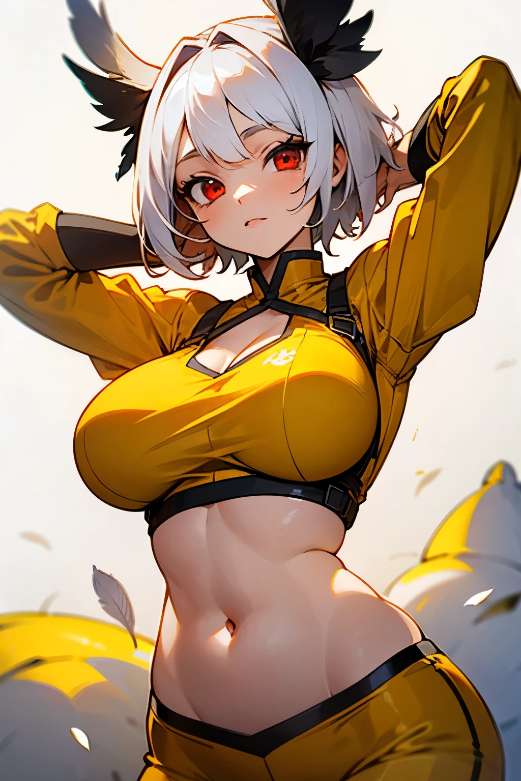 Girl, short white hair, red eyes, yellow clothes, big breasts, exposed belly, like a chicken, two feathers on top of her head