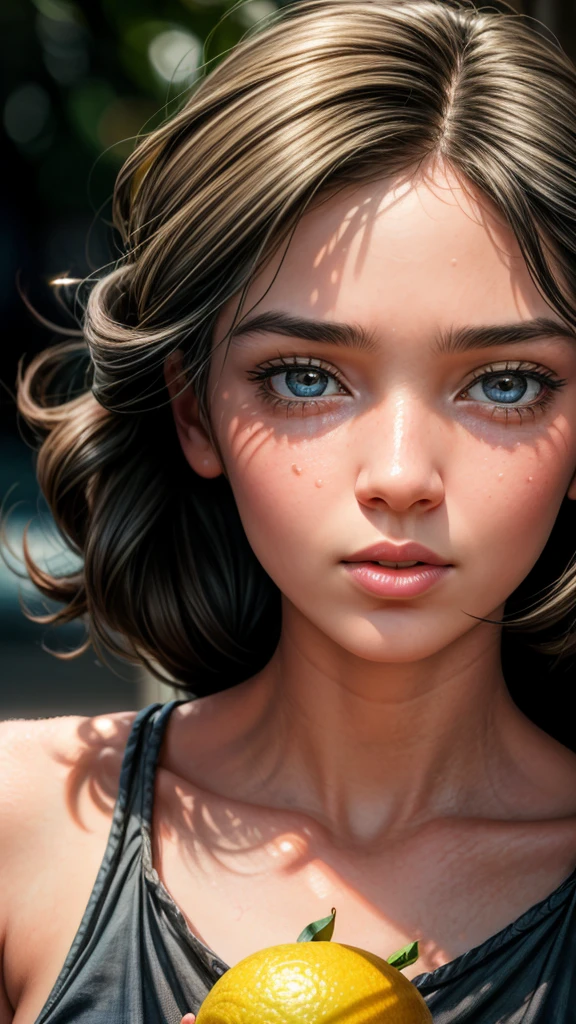 a girl eating a lemon, sour facial expression, cute girl, vibrant colors, close-up, detailed facial features, high quality, detailed skin, photorealistic, dynamic lighting, cinematic mood, 8k, hyperrealistic, natural light, detailed hair, beautiful detailed eyes, beautiful detailed lips, extremely detailed face and eyes, long eyelashes, soft focus, shallow depth of field, warm color palette, dynamic composition, emotive expression, whimsical, magical realism