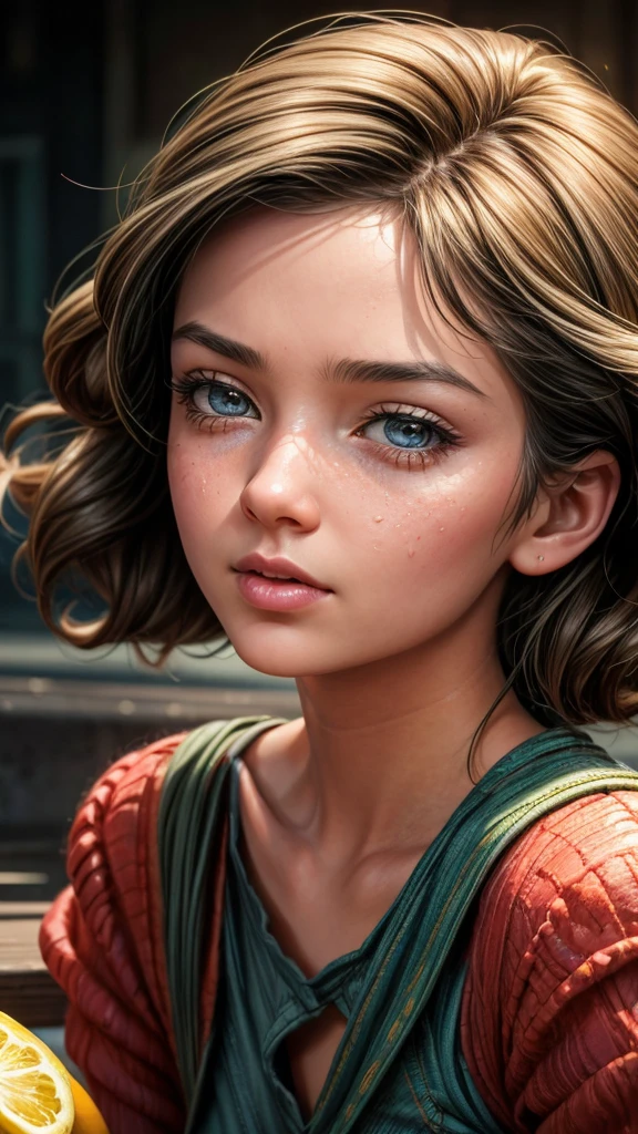 a girl eating a lemon, sour facial expression, cute girl, vibrant colors, close-up, detailed facial features, high quality, detailed skin, photorealistic, dynamic lighting, cinematic mood, 8k, hyperrealistic, natural light, detailed hair, beautiful detailed eyes, beautiful detailed lips, extremely detailed face and eyes, long eyelashes, soft focus, shallow depth of field, warm color palette, dynamic composition, emotive expression, whimsical, magical realism