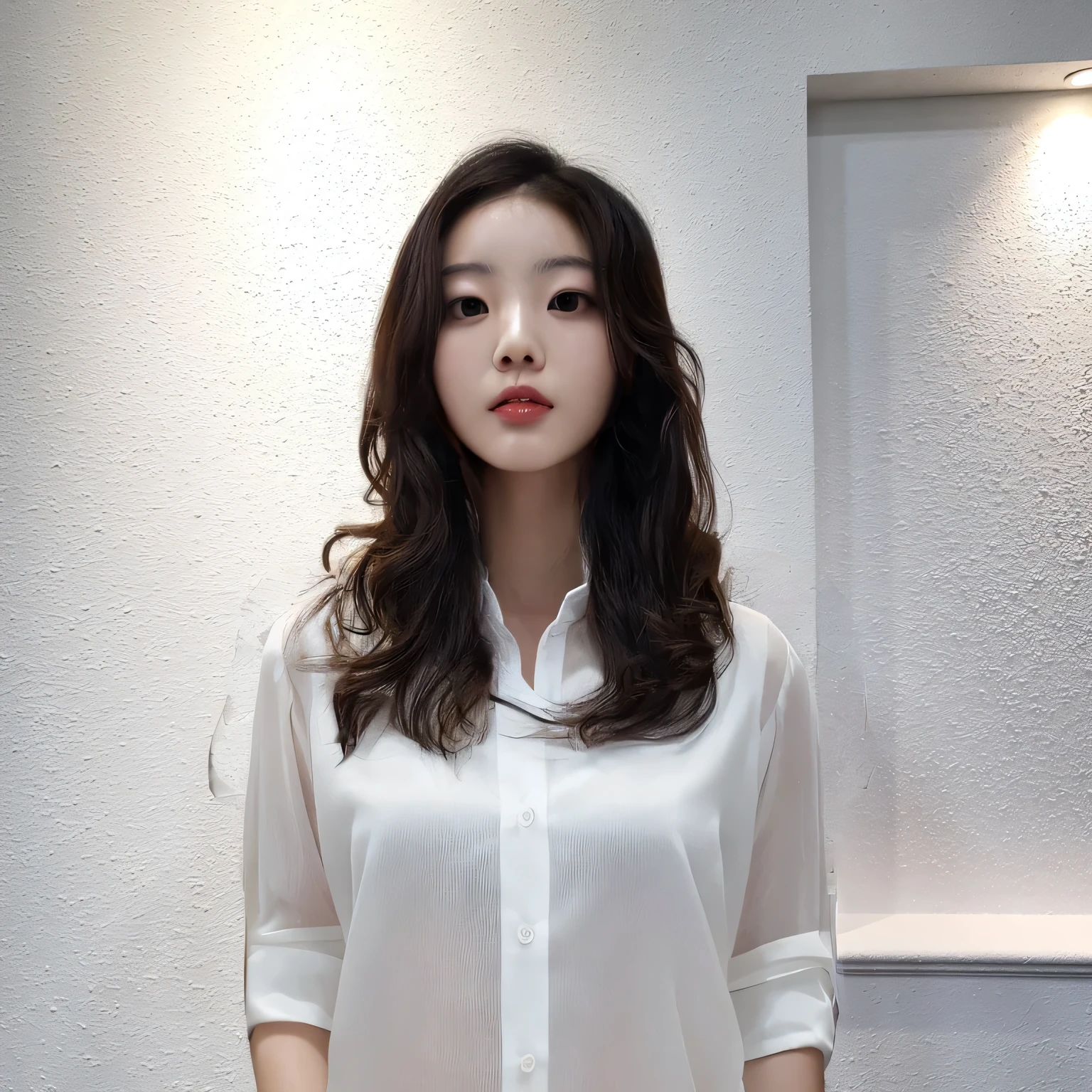 Best Quality, 8k, Masterpiece, (Portrait: 1.3), (photo realistic:1.4), (hyper realistic:1.4), Sharp Focus, looking at viewer, (smoother lighting:1.1), (increase cinematic lighting quality:0.9), realistic lighting, backlighting, light on face, ray trace, (brightening light:1.2), (Increase quality:1.4), sharp detail, (best quality real texture skin:1.4), finely detailed eyes, black_eyes, finely detailed face, 25 year old Korean woman, (white formal_shirt:1.4),(Create an image maintaining the original base model hairstyle:1.5)