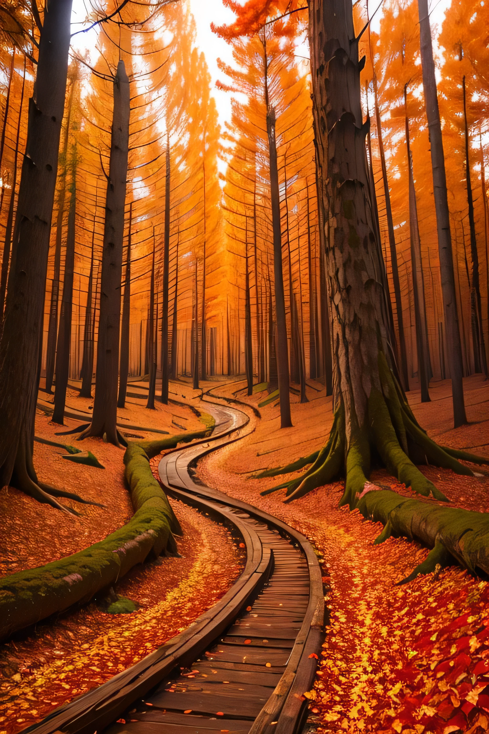 A majestic old-growth forest in autumn, with vibrant hues of red, orange, and yellow leaves carpeting the forest floor, creating a breathtaking display of natural beauty."