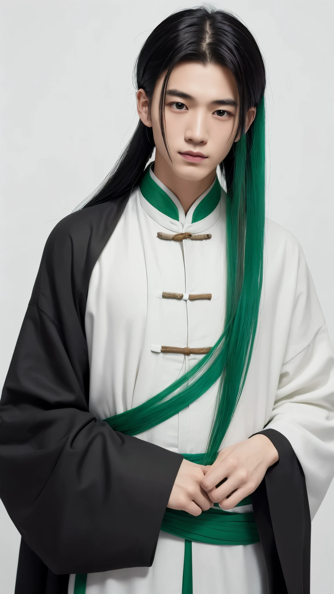 (highest quality, masterpiece), 1 boy, (Simple white background: 1.2), Black and green hair, Ancient Chinese Handsome, Upper Body, Photo for ID, close, Long Hair,