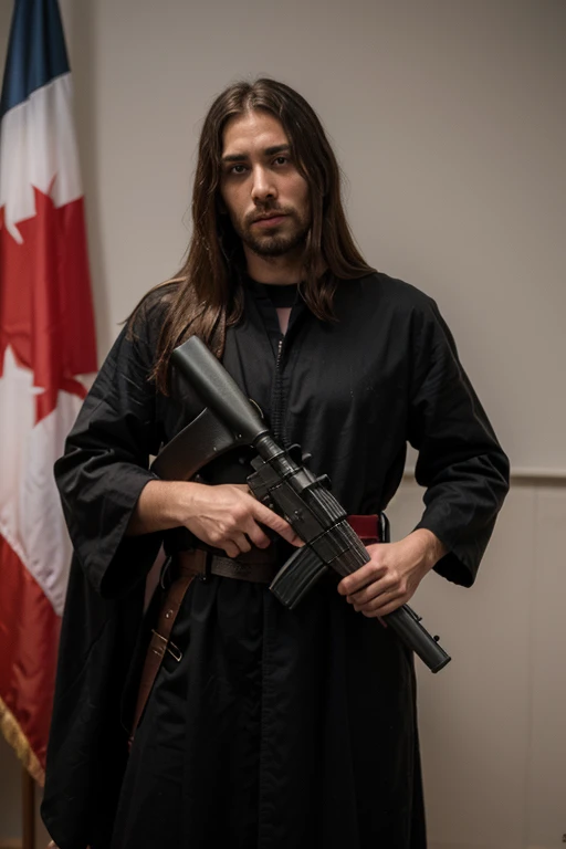 ((mejor calidad)), ((obra maestra)), (detallado), perfect faceJesus Christ with a black robe and and a red belt flag behind him of Israel with an ak47 and vests with bombs with a red belt