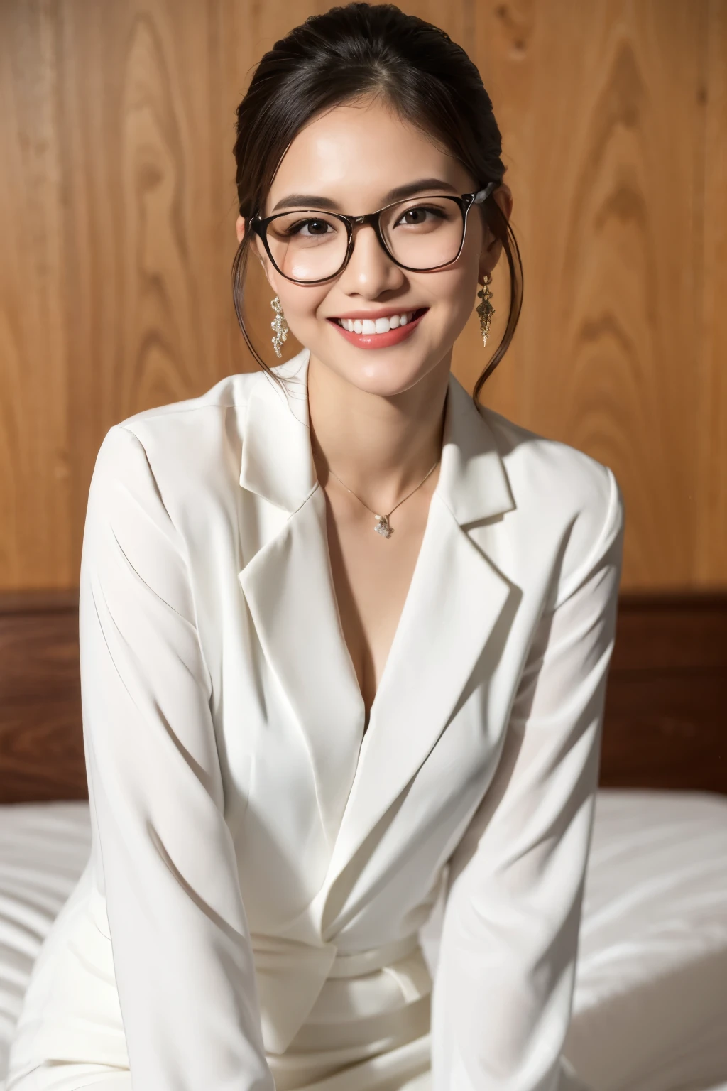 there is a woman sitting on a bed with a white dress, cindy avelino, julia sarda, wearing white suit and glasses, with an elegant smile, beautiful and smiling, charming smile, fanart, with glasses, by Robbie Trevino, wearing lab coat and a blouse, nivanh chanthara, with a seductive smile, portrait of modern darna