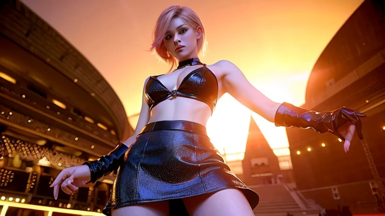 masterpiece、best quality、超high resolution、Realistic skin texture、Leather Armor、Bare breasts、Reality、high resolution、RAW photos、shiny skin、Realistic skin texture、Optimal lighting、shine、Dramatic Lighting、Dynamic poses、Pyramid background、Female warrior、Mysterious runes、Colosseum、2 Girls、精致big eyes、Pink Ribbon Skirt、White Blonde Long Hair、High Ponytail、blue eyes、Clear eyes,look at the audience、 Large Breasts、、Smile、, 2 Girls, Pink Hair, Purple Eyes, short hair, Flowering, , Bikini, big eyes, , Black fishnet stockings,Make an action,