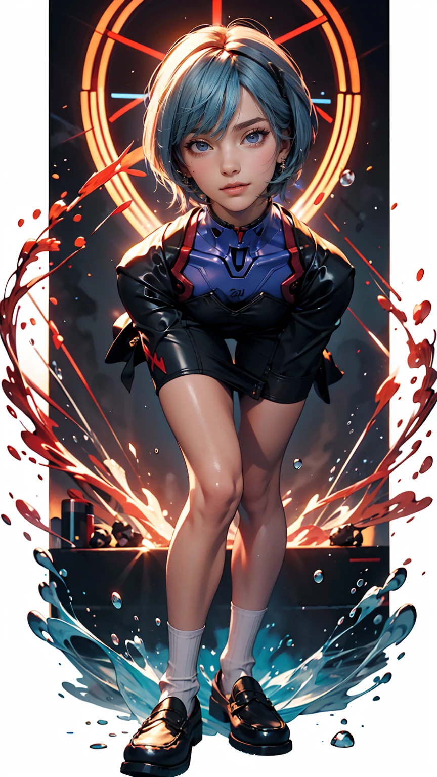 A masterpiece portrait of smiling Rei Ayanami (Evangelion), Evangelion (Hideaki), Caustics, High resolution illustrations, Red eyes, feminine, No students, Blue Hair,  short hair, Japanese , loafers, Spank, Synthwave, paint Splashs, Shaded flat illustration, Digital Art, Trending on Art Station, Very detailed, The finer details, complicated, Splash, Overtake, Vaporware, Neon color