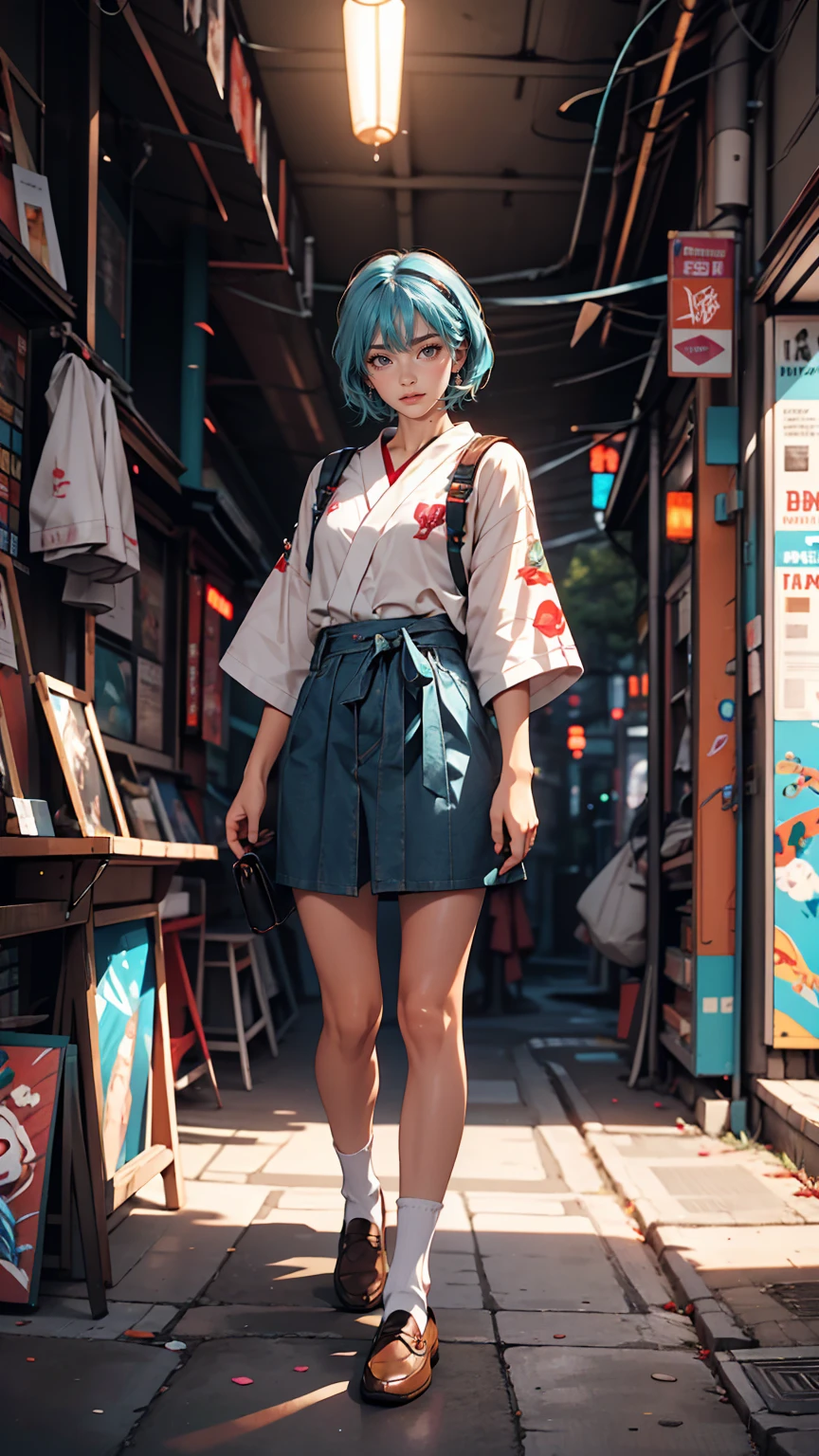 A masterpiece portrait of smiling Rei Ayanami (Evangelion), Evangelion (Hideaki), Caustics, High resolution illustrations, Red eyes, feminine, No students, Blue Hair,  short hair, Japanese , loafers, Spank, Synthwave, paint Splashs, Shaded flat illustration, Digital Art, Trending on Art Station, Very detailed, The finer details, complicated, Splash, Overtake, Vaporware, Neon color