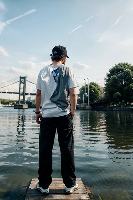 In the background, there is a bridge in the water. A man, wearing long pants, a white T-shirt, wearing a black hat, stands with one arm around his waist, holding a white blanket. 