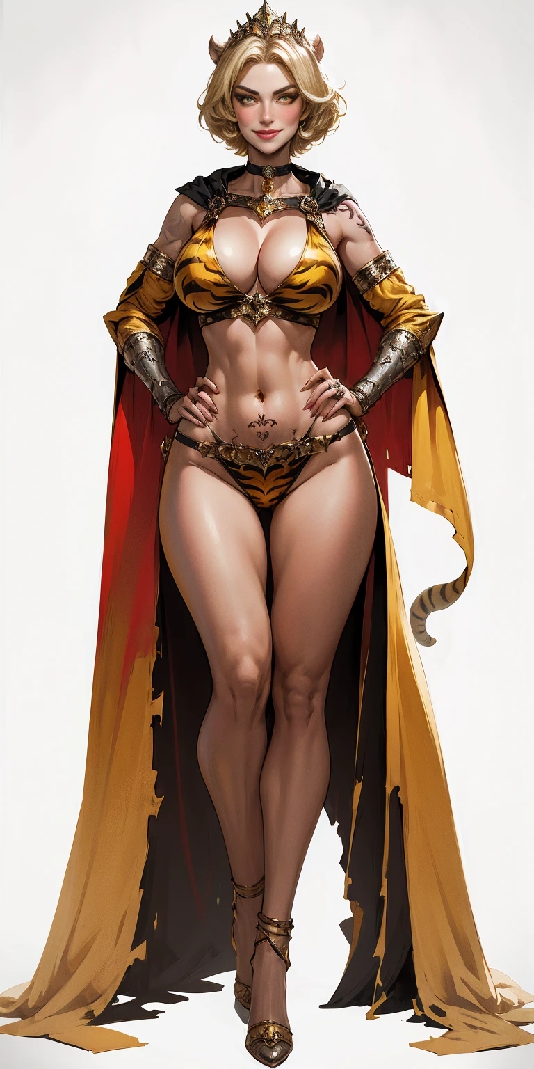 1sologirl, two long thighs, yellow eyes, blonde short hair, large breasts, detached sleeves, very white background, royal tiara, long cape, yellow tiger bikini, high heels, hands on hips. red tattoo on belly navel, full body female MILF BIMBO, lustful smirking smile face (red blush), metal shoulders, golden bracers sleeveless, black choker sex slave