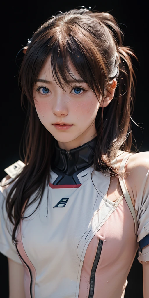 (((Realistic)))picture, masterpiece, highest quality, One Girl, Plump body, highest quality, Pale-skinned, Ryu Asuka Langle, Plug Suit 02, Black background, (Face and eye details:1.1), Earth Eye、Individuality, blush, ((Shy)), Very delicate and beautiful girl, Dynamic Pose,Torn battle uniform、Scraps of clothing、sweating、過度のsweating、Sweaty body、