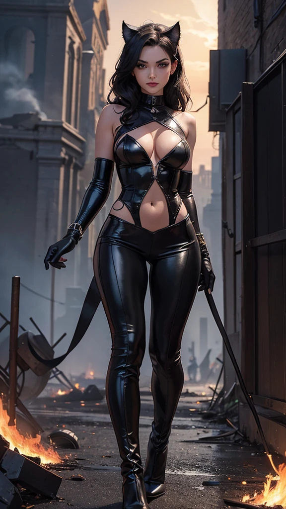 Catwoman Selina Kyle, liga de la justicia, traje iconico brillante sexy color negro, black boots, sexy, hermosa, poderosa, abdomen tonificado, cuerpo muy delgado, skinny body, puedo ver sus senos perfectos, nalgas hermosas y perfectas, cuerpo completo, ojos verdes, pose de combate, background of Gothic city, edificios destruidos, a lot of destruction, apocalyptic, burning vehicles, noche, luna llena, muy Realista, detalles perfectos, foto realista, 8k, natural