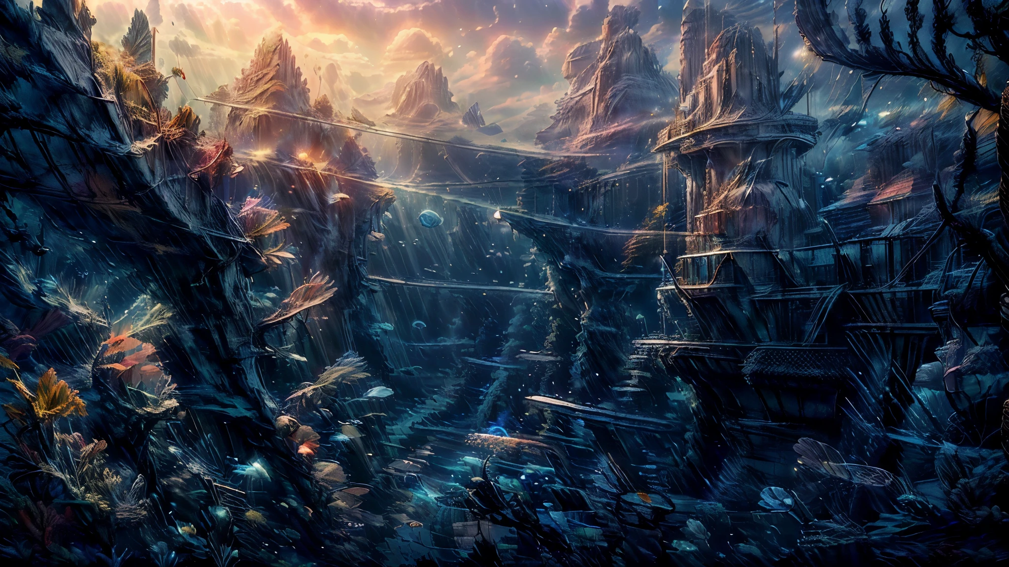The home of the future,8K,Undersea city,Surrealism,high resolution,A mountain made of coral,The sun shines down from the sea,There are vines growing on the sea floor,Soft colors,There are marine life,There are spaceships and cars driving on the coral road