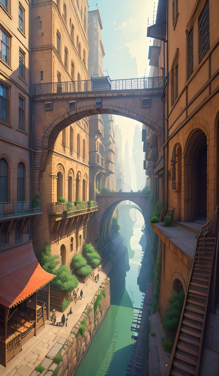 ((masterpiece)),((best quality)),((high detial)),((realistic,))
Industrial age city, deep canyons in the middle, architectural streets, bazaars, Bridges, rainy days, steampunk, European architecture