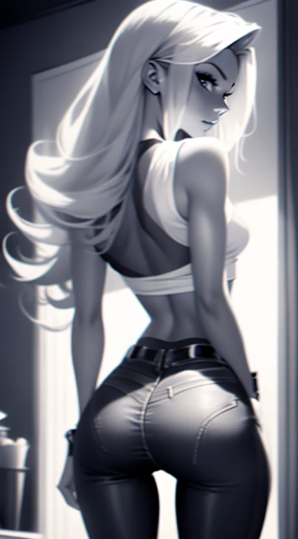 Beautiful 20yr old girl, blonde, detailed, toned body,  femme fatale, Noir et blanc, monochrome, looking at viewer, wearing skinny blue jeans, thigh gap, v-neck top, showing off her ass  to viewer with back turned
